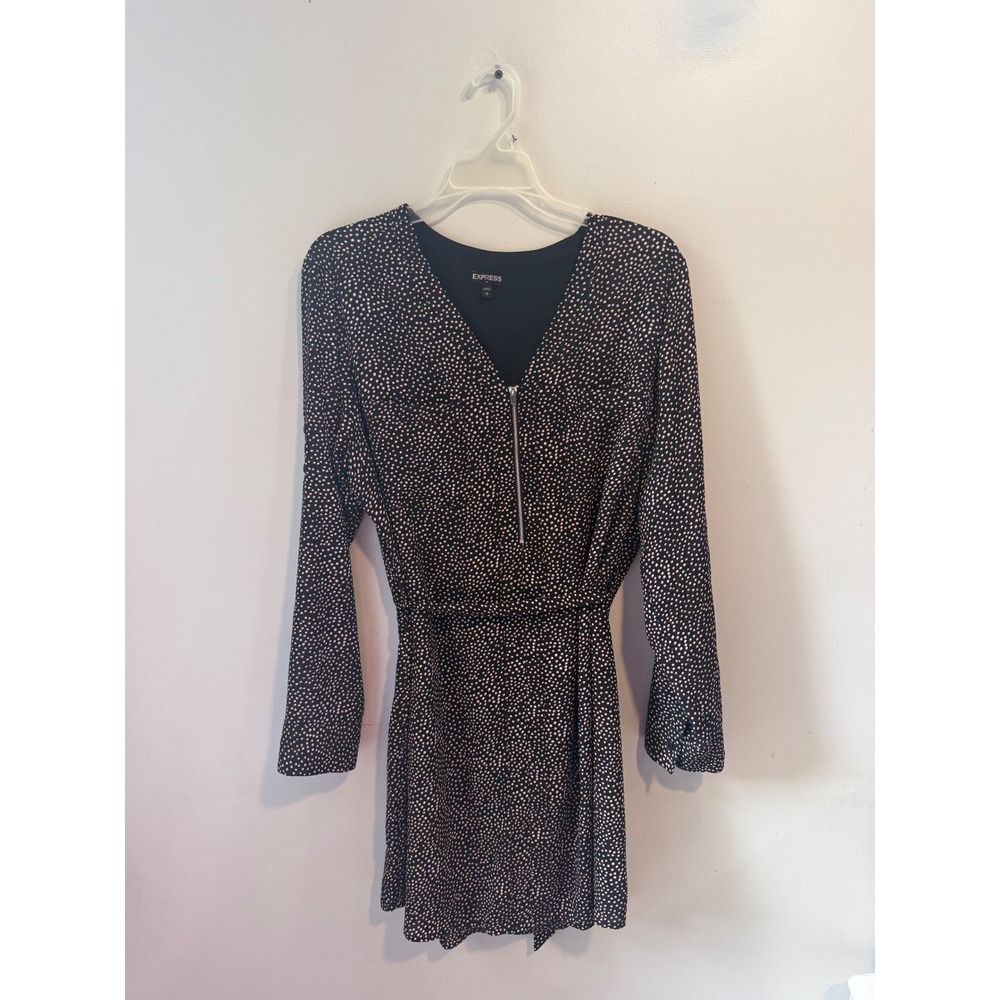 Express Black Pink Polka Dot Long Sleeve Zip V-Neck Tie Waist Mini Dress Large